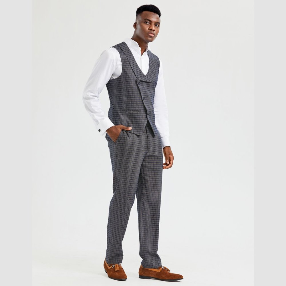 Bespoke Tazio Men's Vest 2pc Set, Tattersall Navy - Picture 5 of 8